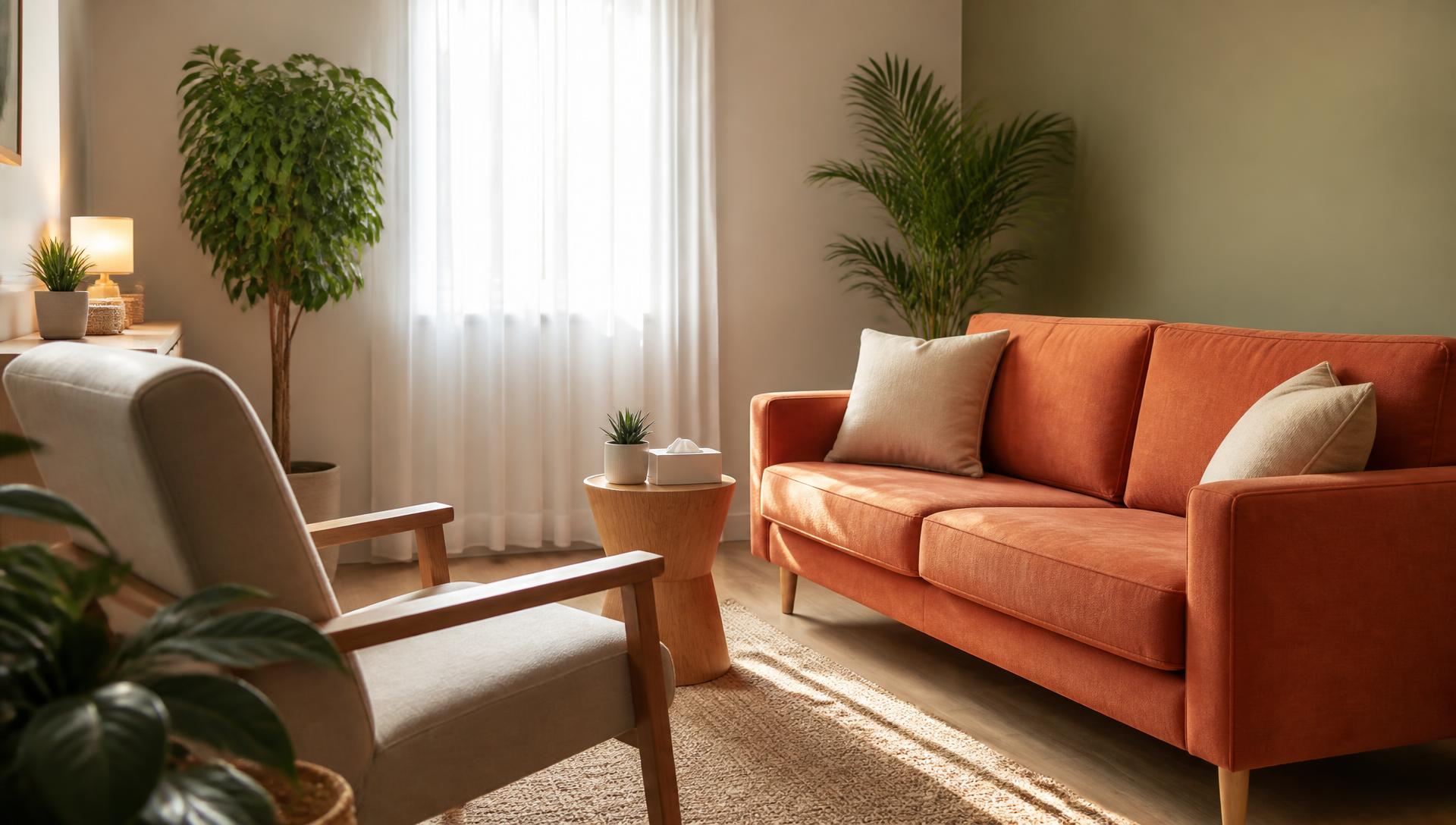 Warm therapy office with plants and seating